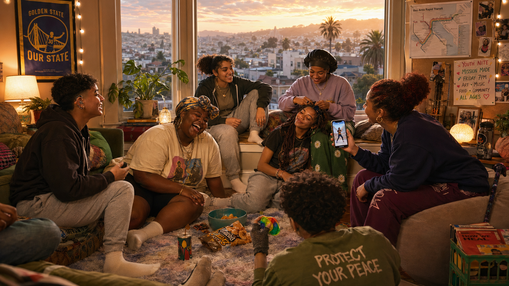 Teens laughing and vibing together during a kiki-style movement session