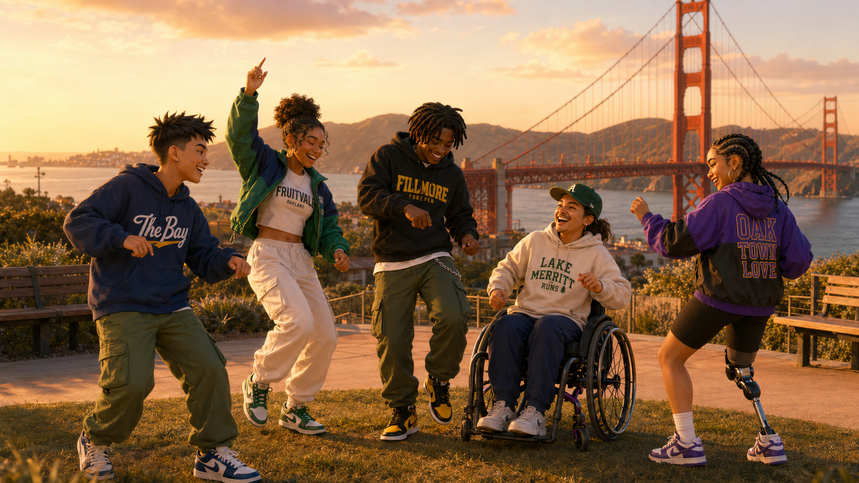 Violet the Valkyries mascot leading a diverse teen dance class in a neon-lit Bay Area community gym