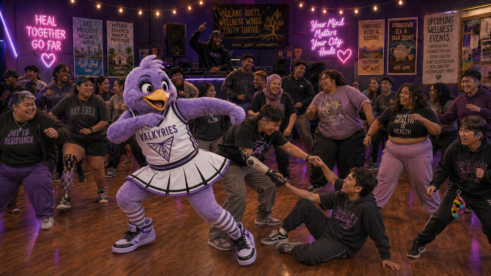 Violet mid smeeze dance move in a neon-lit community gym with a diverse class